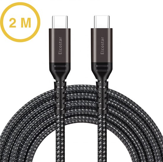 Câble USB C vers USB C Elcostar - Chargeur rapide 100 W - USB C 3.2 Gen 2 - 20 Gbit/s - Câble de charge - 2 mètres - Compatible avec Ordinateurs portables, MacBook, iPhone 15 et plus - Câble USB C - Nylon - Zwart