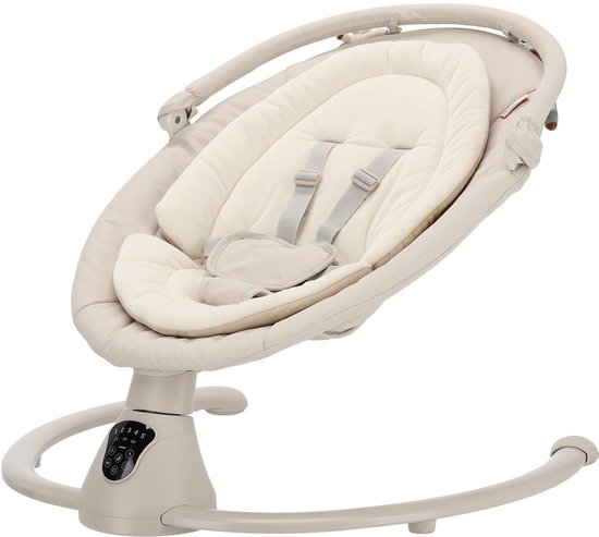 Crèmekleurige babyschommel met beige kussens en grijze riempjes, staand op een gebogen frame.