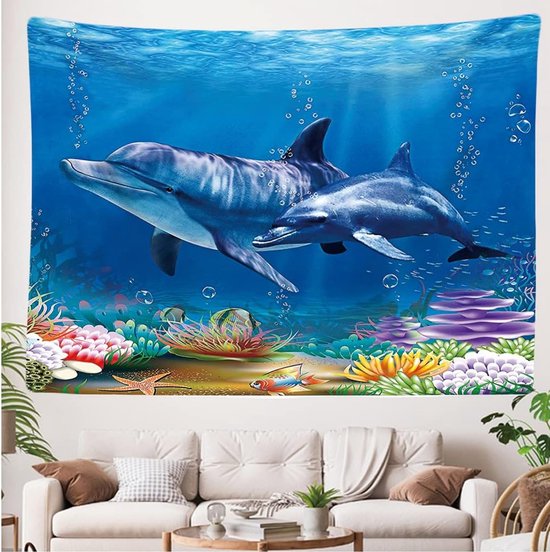 Ulticool - Dolphin Sea Coral Dolphins - Tapisserie - 200x150 cm - Groot tapisserie - Affiche