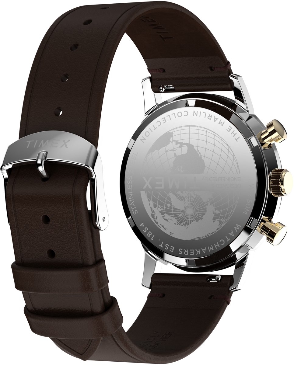 Timex Marlin® Quartz Chronograph Kwarts Analoog Horloge Bruin Blauw Case: 100% Stainless Steel | Armband: 100% Leather 40 mm TW2W60400AJ