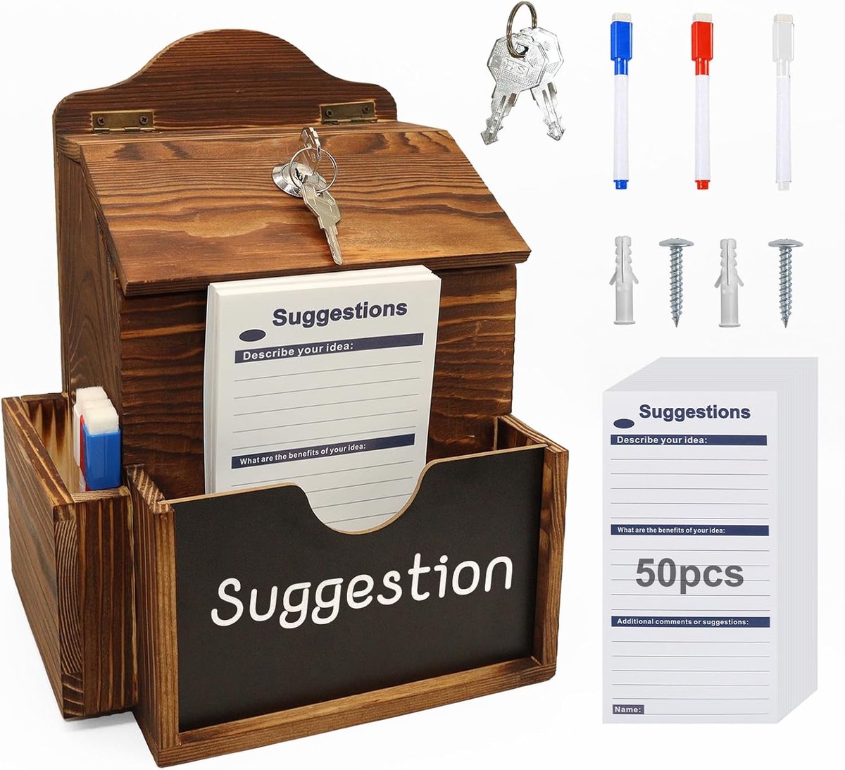 Suggestiedoos met 50 Voorstellen Kaarten - Multifunctionele Wandmontage Box met Krijtbord en Veilig Slot