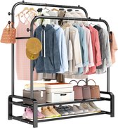 Unyqoos ® Portant à vêtements multifonctionnel autoportant avec doubles tiges, Crochet et Étagères à chaussures pour un rangement organisé