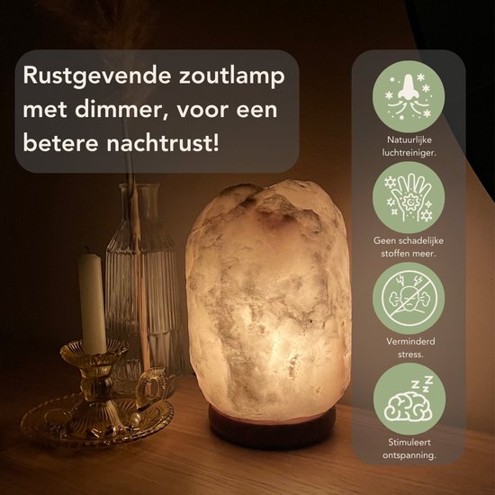 Rustgevende zoutlamp met dimmer voor betere nachtrust. Natuurlijke luchtreiniger.