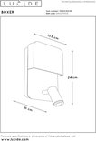 Technische tekening van de zwarte 'Boxer' wandlamp met afmetingen.