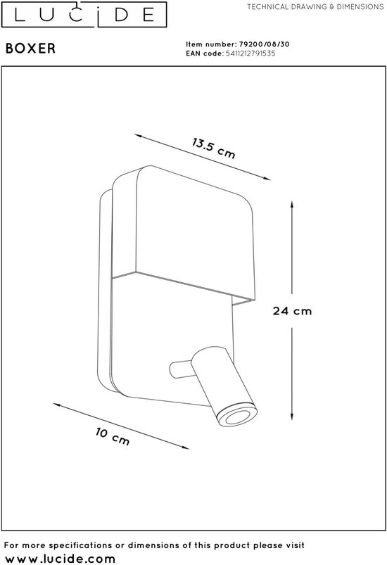 Technische tekening van de zwarte 'Boxer' wandlamp met afmetingen.