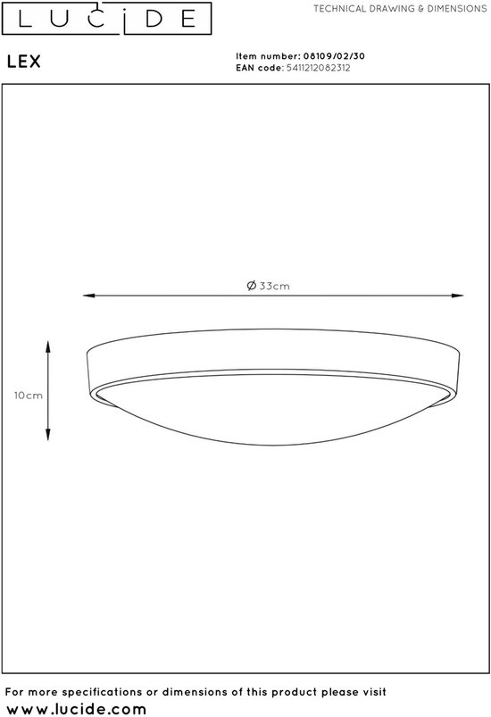 Technische tekening van de Lex plafonnière met afmetingen: diameter 33 cm, hoogte 10 cm.
