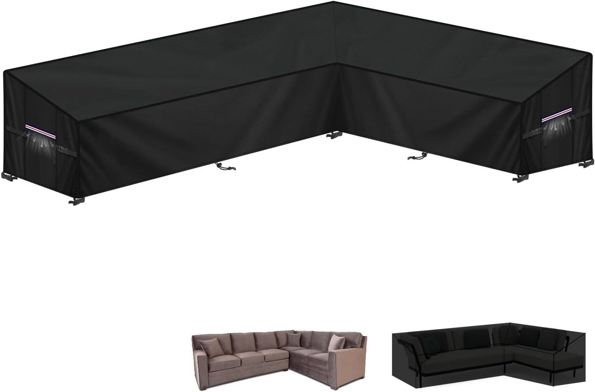 Famanu Tuinmeubelhoes L-Vorm Afdekhoes voor Tuinmeubelen Waterdichte Rotan Hoekbankhoes Buiten Tuinbankhoes Lounge Afdekking Beschermhoes voor Hoekbank met Ventilatieopeningen, 280x190x90x80/60cm zwart
