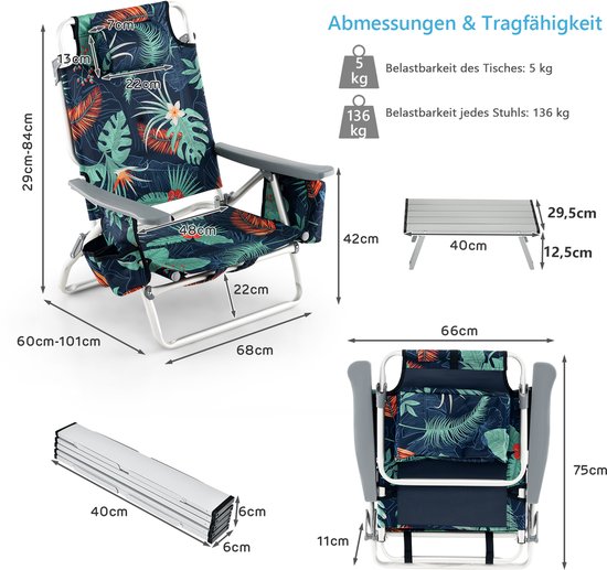COSTWAY Strandstoelen en tafelset, inklapbare campingstoelen met verstelbare rugleuning, hoofdsteun, zijzakken, ijszakken, schouderbanden en armleuningen, lichte klapstoelen van Costway — afbeelding 3