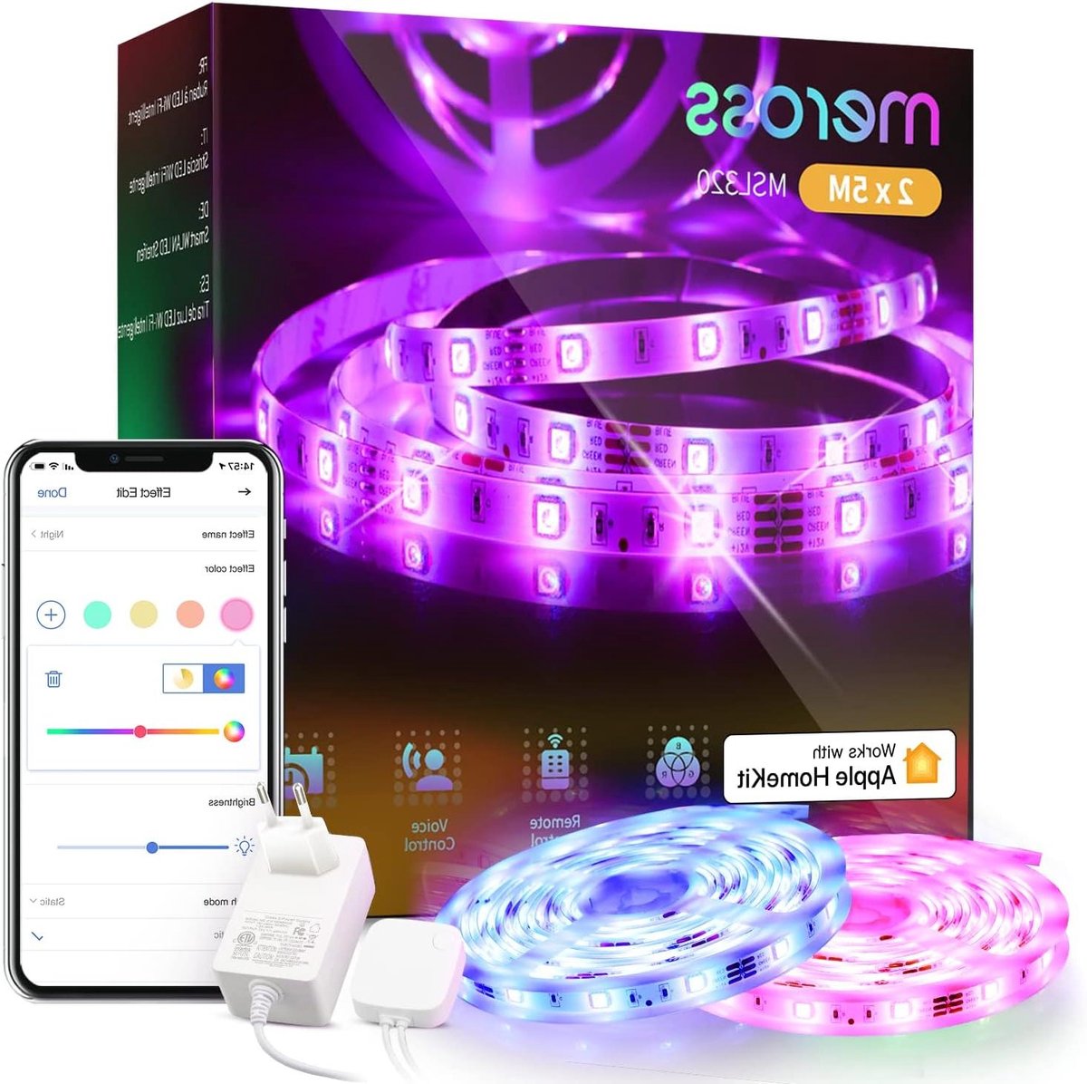 Wi-Fi LED Strip 5 m x 2 Compatible with Apple HomeKit, Siri, Alexa, Google - RGB Strip Lights for Christmas Party