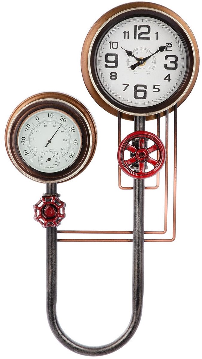 Vintage klok en thermometer metaal zwart en koper- metaal- 8x31x55 cm