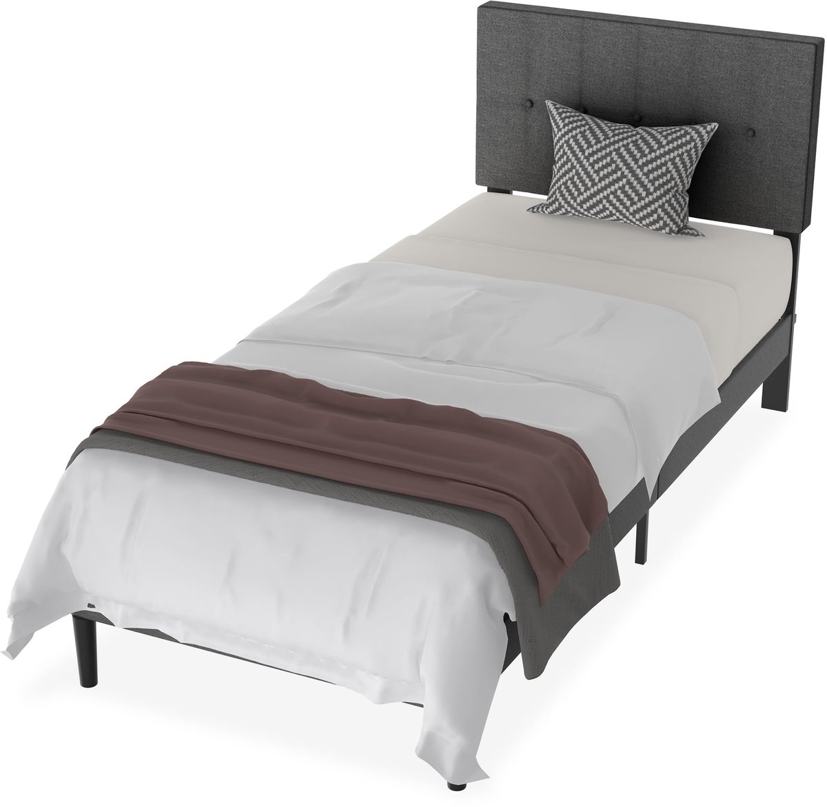 NAIZY bed frame 90x200 cm bed frame metaal bed met linnen hoofdeinde en lattenbodem jeugdbed logeerbed eenpersoonsbed voor slaapkamer logeerkamer, donkergrijs