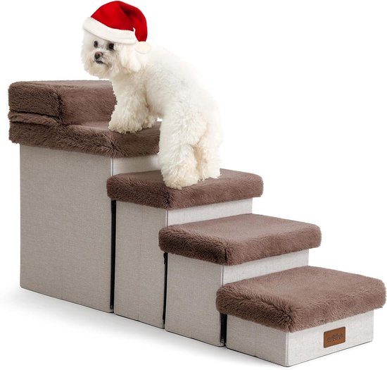 COZY KISS Huisdierentrap voor kleine honden, met opbergruimte en woning, hondentrap, opvouwbaar, voor bank, hondentrap met antislip bodem, lekvrij, tot 80 kg, 33 x 69 x 36 cm, 3 treden, beige