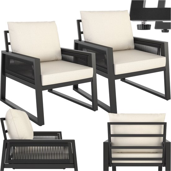 tectake® Rope Design Loungeset voor Tuin, Terras of Balkon - Tuinset met 2 Tuinstoelen - Inclusief Weerbestendige Kussens - Aluminium Frame met in Hoogte Verstelbare Voetjes - 2 Personen - Loungestoelen