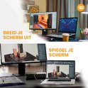 Twee schermen met game-interface, één op monitor, één op laptop. Tekst: Breid je scherm uit, Spiegel je scherm.