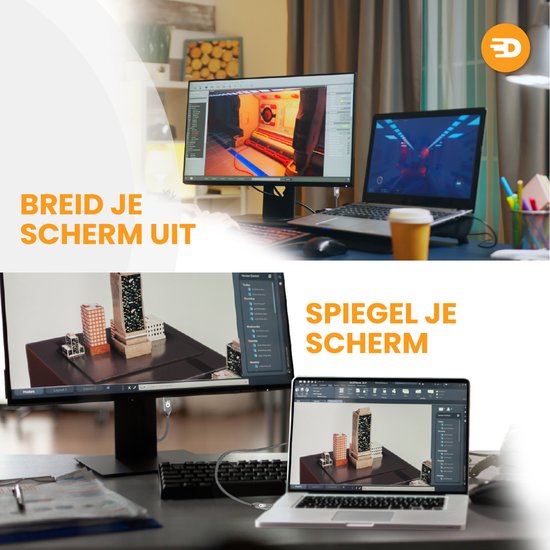 Twee schermen met game-interface, één op monitor, één op laptop. Tekst: Breid je scherm uit, Spiegel je scherm.