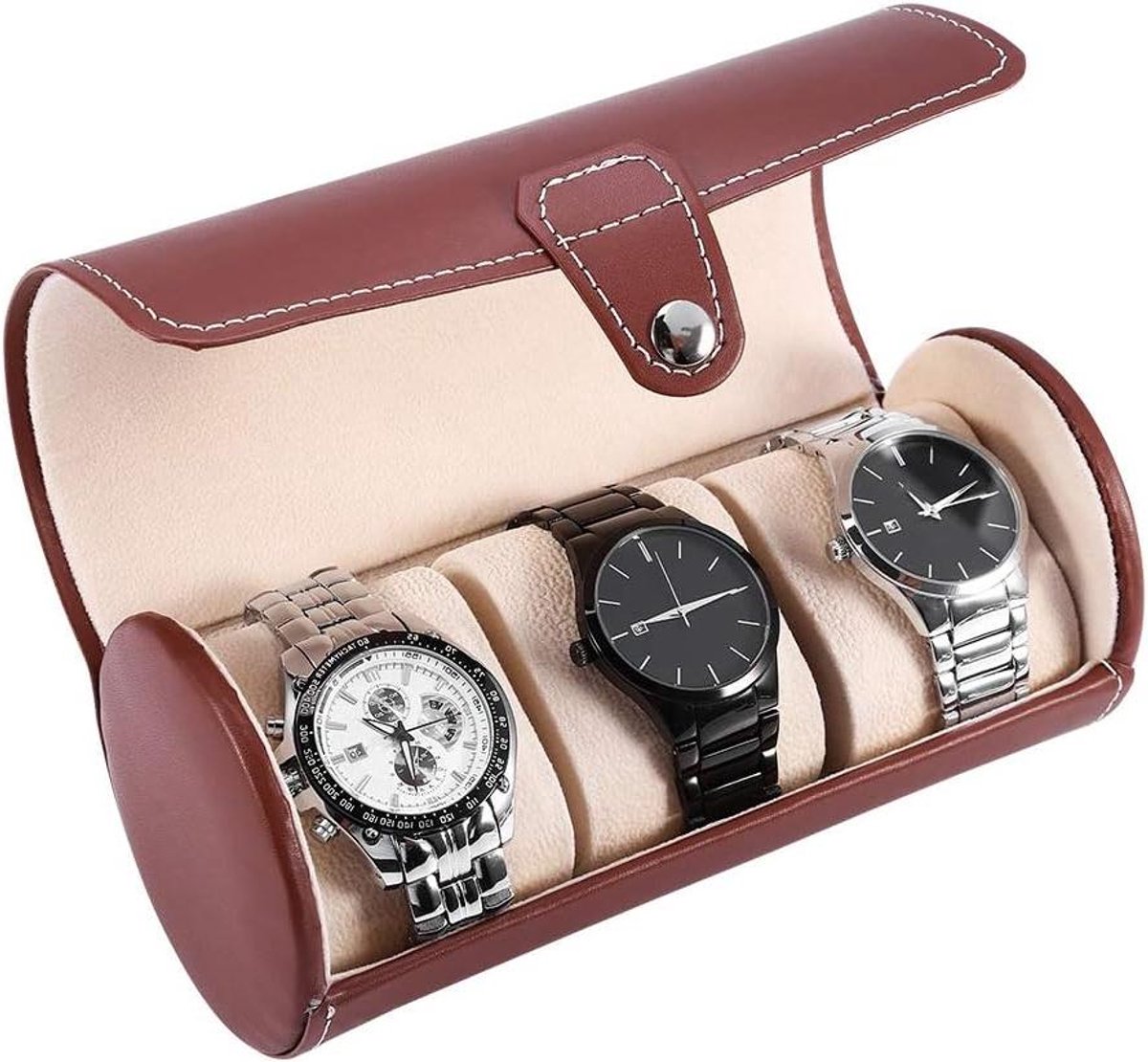 Vintage horlogerol met 3 sleuven cilindrische horlogedoos PU lederen draagbare rol voor dames en heren horloge-rol voor boyfriend echtgenoot (bruin)