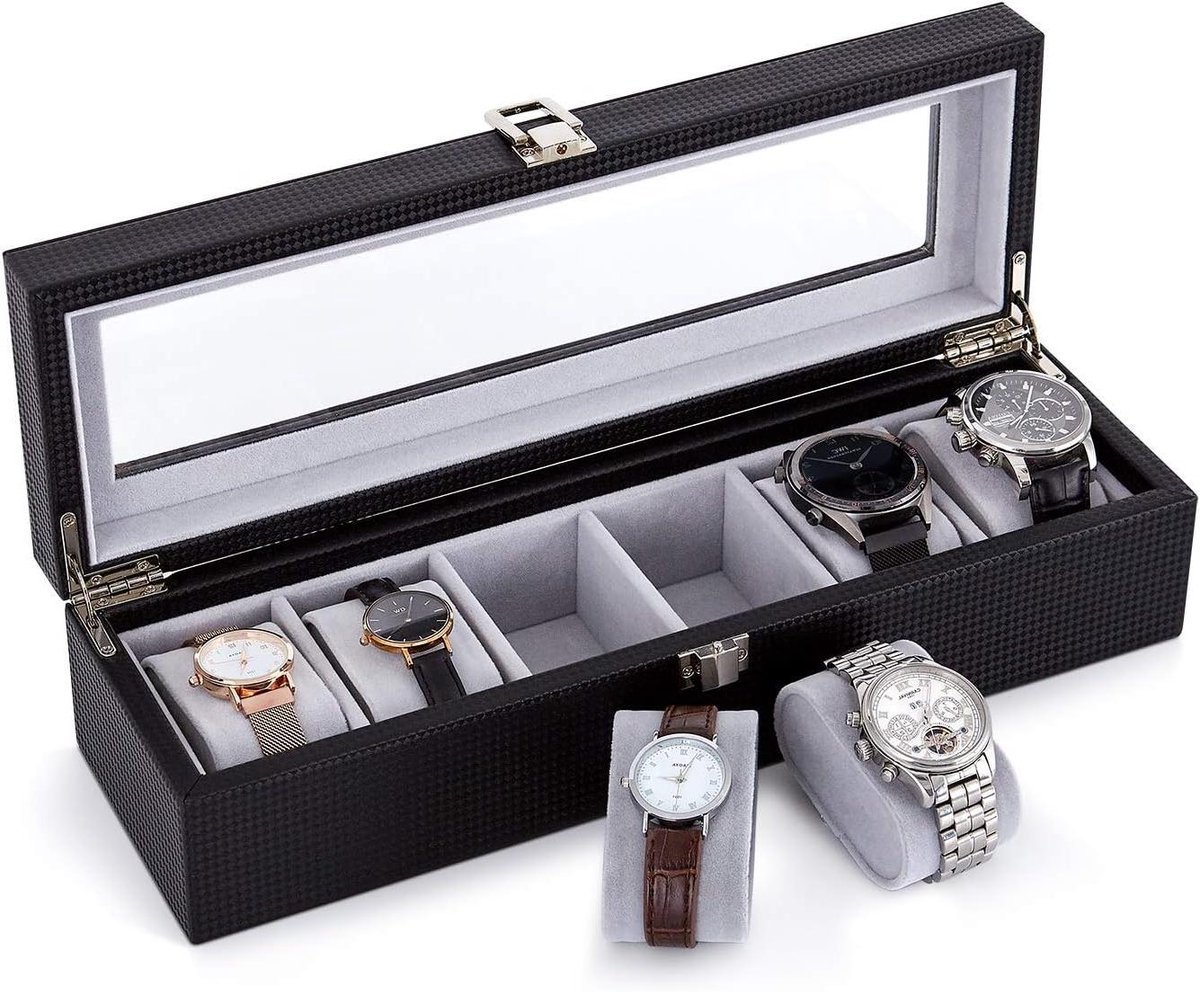 Horloge Display Organizer Opslag met Glazen Deksel Grijs Fluweel Afsluitbaar - 6 Slots 345x11x85cm Zwart PU Leer