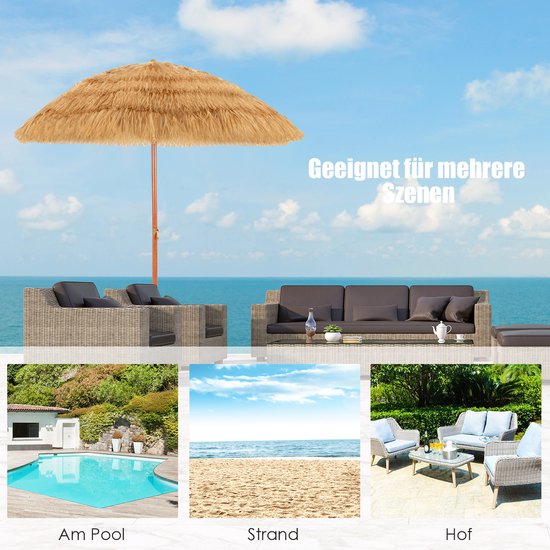 Terrasparasol met strooien dak en rotan meubels bij het zwembad, strand en op een terras.