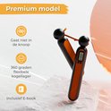 Oranje springtouw met zwarte handvatten, met tekst over knoopvrij en 360 graden flexibele lagers.