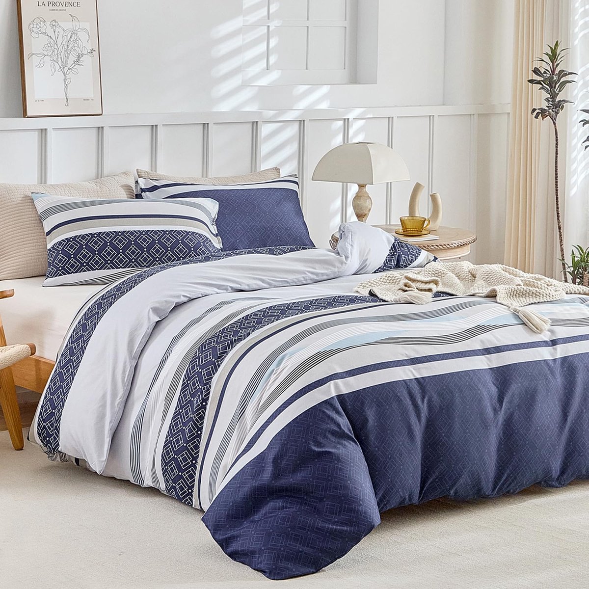 Ibenzoa® Stijlvolle Microvezel Beddengoedset met Strepen in Blauw - Compleet met Kussenslopen