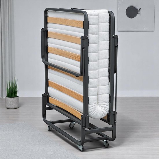 Sleepking - Plooibed / Vouwbed - Sarah - Lattenbodem - 90x200 - Zwart - Met beschermhoes - Verstelbaar hoofdeinde