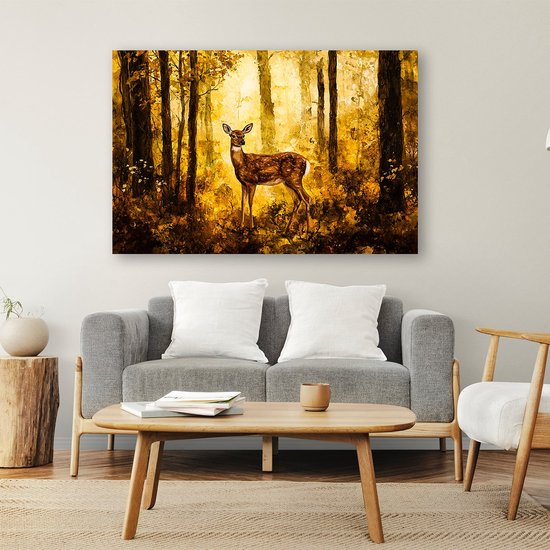 Een schilderij van een hert in een herfstbos, hangend boven een grijze bank.