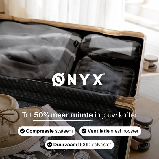 Een open koffer met gevulde ONYX packing cubes. Een beige schoen en horloge liggen ernaast.