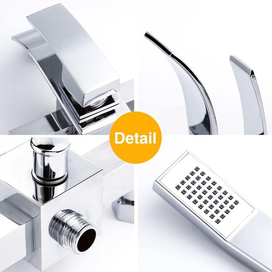 Badkraan waterval zwart met handdouche, messing mengkraan douche met douche 5 functies, 1,5 m PVC slang, opbouwwaterkraan, badkraan met douche voor badkamer
