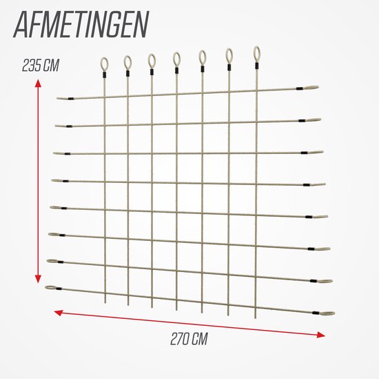 Berg klimnet met afmetingen 270 cm breed en 235 cm hoog, met ringen en zwarte knopen.