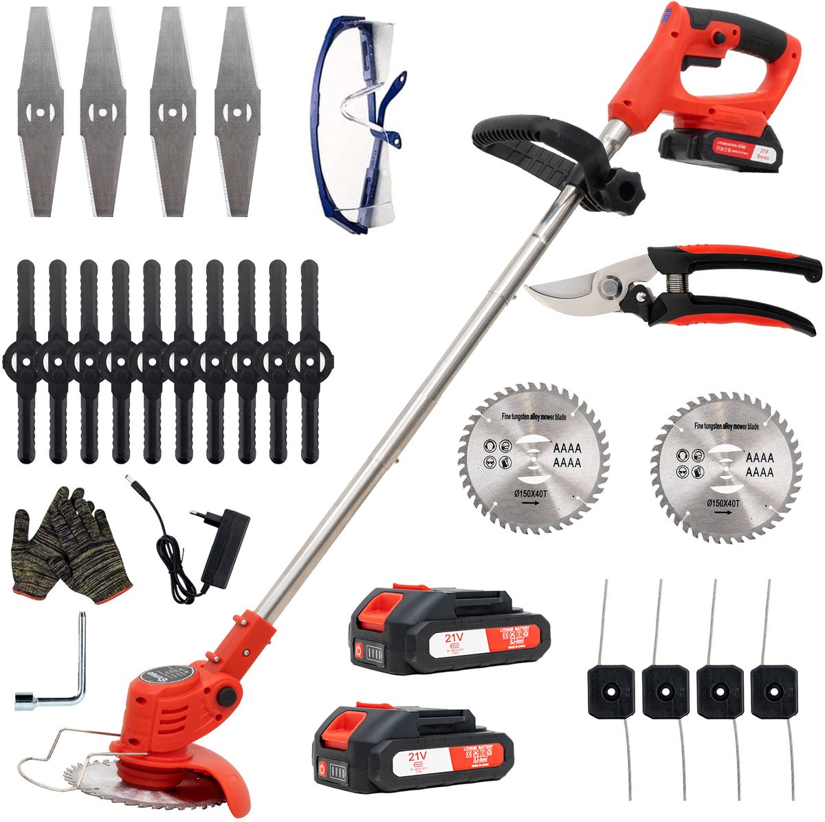 Accu grastrimmer met accu, Opvouwbare grasmaaier,gazonkantentrimmer met 2 accu's 21V en 4 mestypen + 1 tuinschaar – foto 4