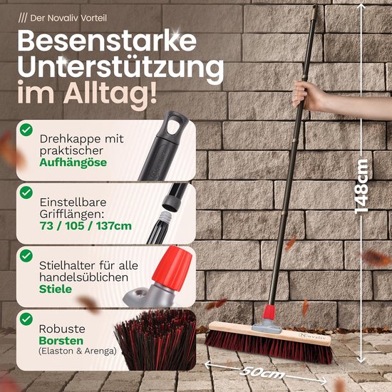 Novaliv straatbezem met steel voor buiten 50 cm Arenga-Elaston borstelharen Ideaal als bezem voor buiten Tuinbezem met steel harde borstelharen Terrasbezem Tuinbezem Stalbezem Veegbezem Industriële bezem Buitenbezem van Novaliv — afbeelding 5
