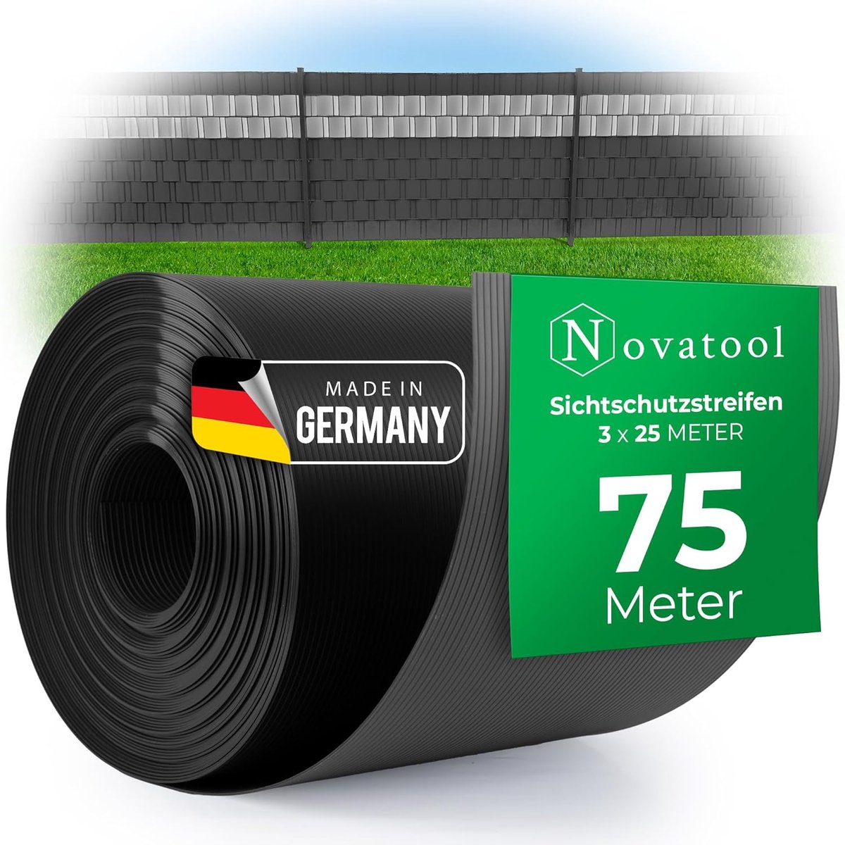 Novatool 3X 25m rol PP Premium privacy strips voor dubbelstaafmatten ANTRACIET RAL 7016 - 19 cm hoog - 30 rijen staafmat schutting privacy strips GRIJS met groeven schuttingelementen privacy scherm