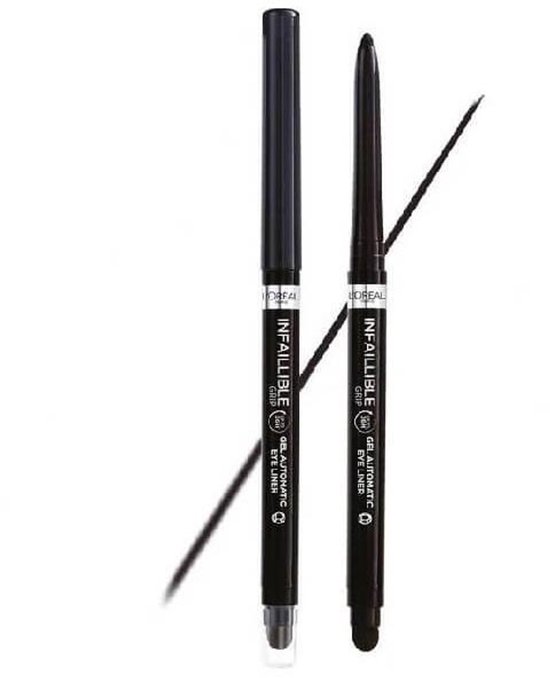 Twee zwarte L'Oréal Infaillible eyeliners, een recht en een diagonaal.