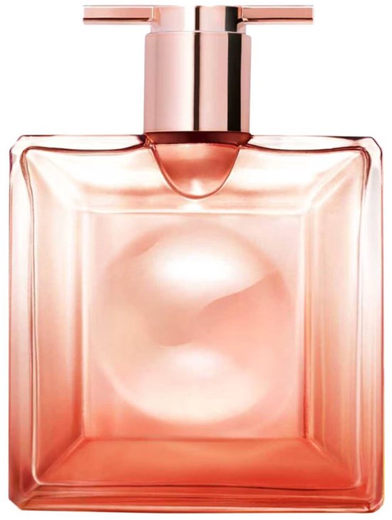 Een flacon Idôle parfum in oranje-roze tinten.