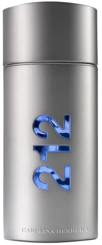 Zilverkleurige parfumfles met blauwe '212' opdruk en merknaam.