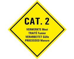 Categorie 2 verwerkte mest sticker met tekst 150 x 150 mm
