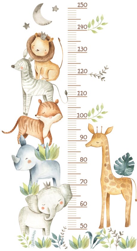 Toise avec animaux de la savane comme un lion, zèbre, tigre, rhinocéros, éléphant et girafe, avec lune et étoiles.