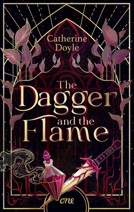 Boekomslag met de titel 'The Dagger and the Flame' van Catherine Doyle, met een flesje drank en een dolk op een donkere achtergrond met gouden details.