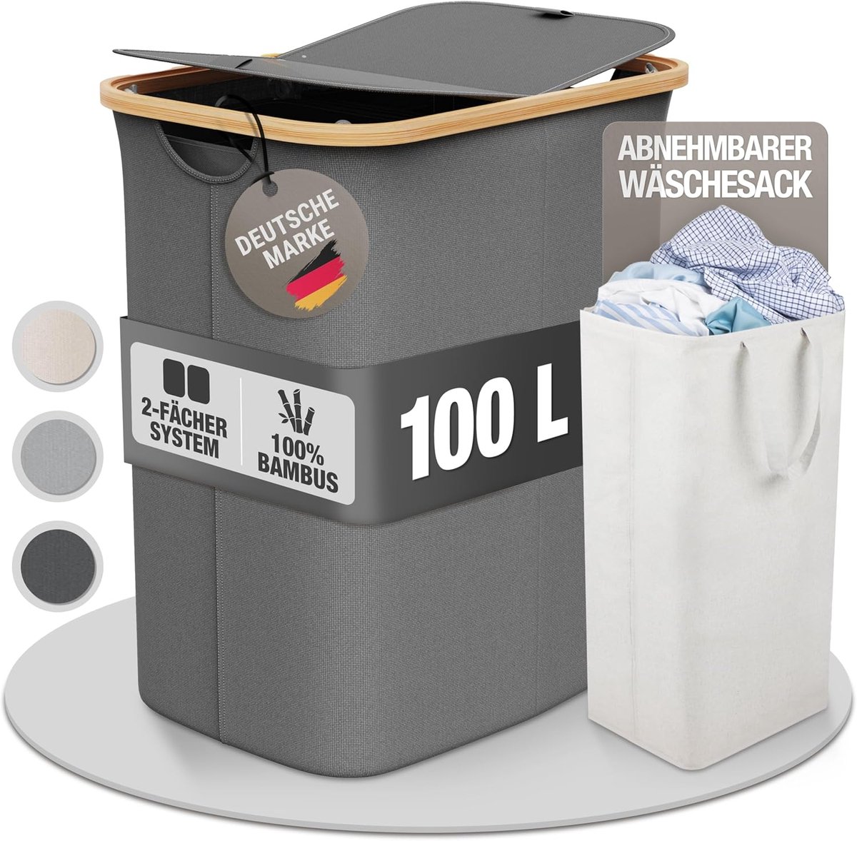 Donker Wasmand met Deksel - 2 Vakken - 100 Liter - Donkergrijs - Bamboe-stof