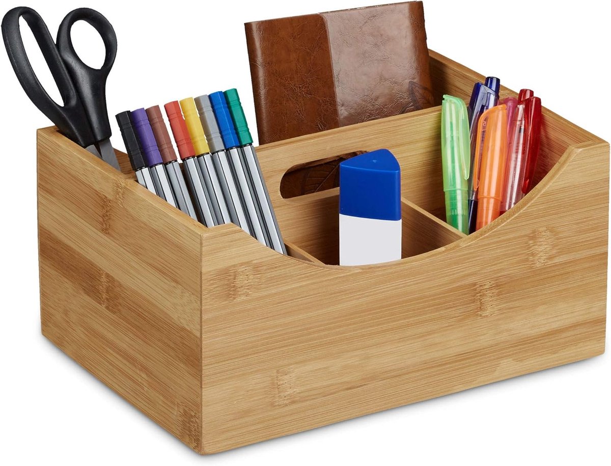 Famanu - Bureau organizer met handgreep, 4 vakken, pennenbak met natuurlijke houtnerven, HBD: ca. 12x25x18 cm, natuur