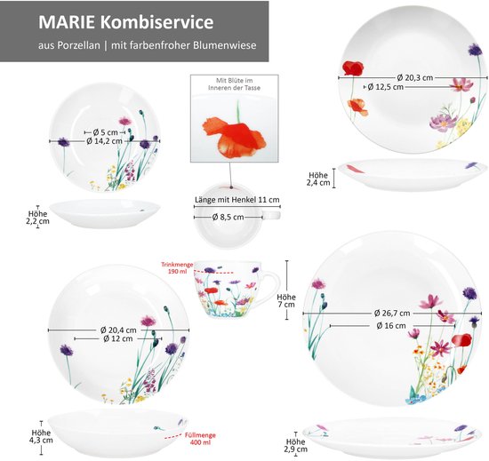 Mambocat 30tlg Kombiservice Marie Porzellan Geschirrset für 6 Personen