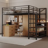 Hoogslaper, 140 x 200cm, Stevige metalen constructie met ruime opbergruimte onder het bed en de trap Ideaal voor kinderen en volwassenen, Opbergbed voor maximaal ruimtegebruik, zwart