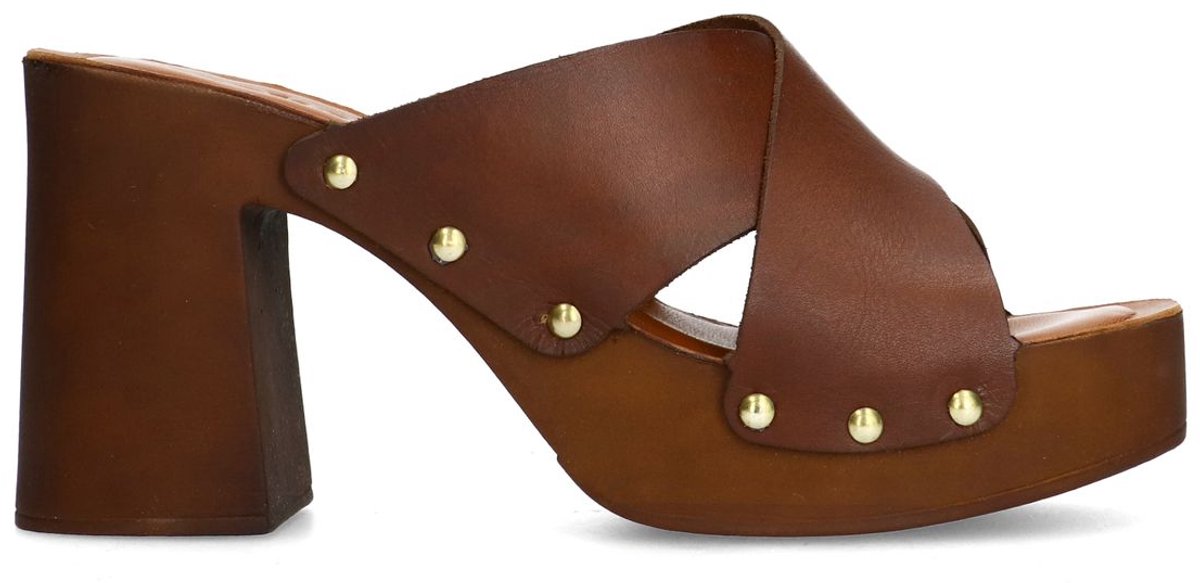 Sacha - Dames - Cognac leren muiltjes met plateau hak - Maat 39