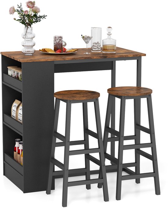 Bartafel met twee barkrukken, op de tafel staan drankjes en hapjes. Houten blad met zwart metalen frame.