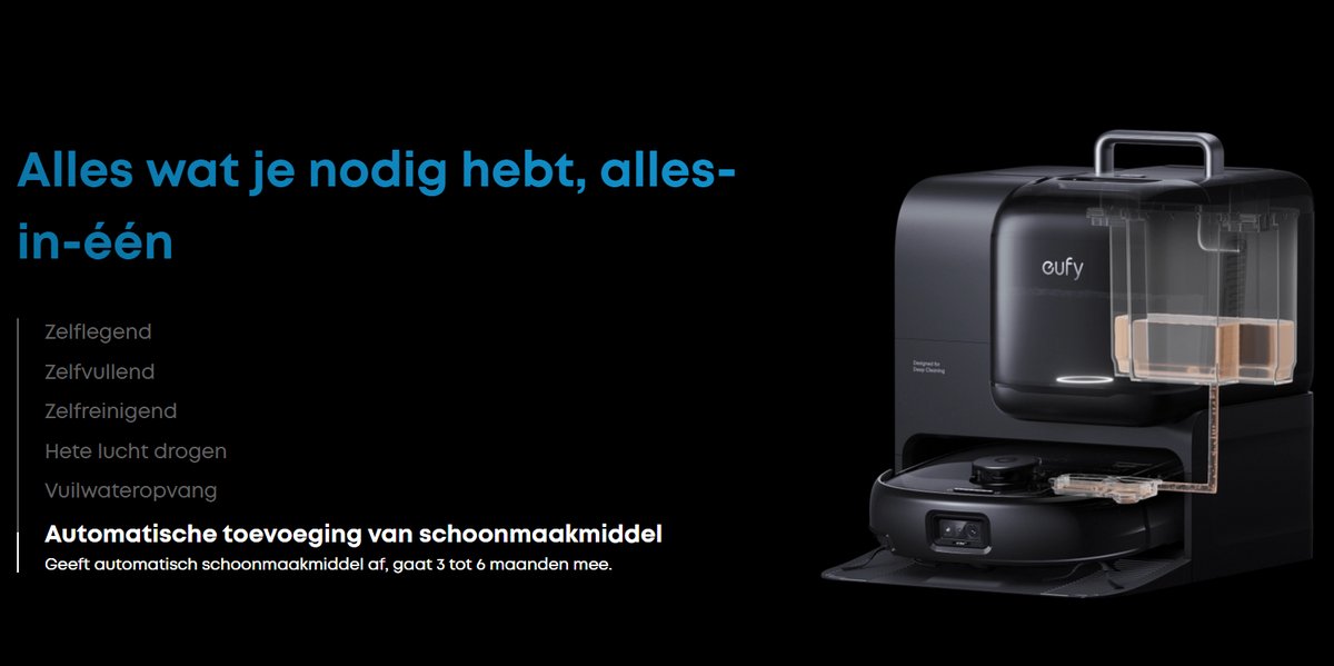 eufy Robotstofzuiger Omni E28, draagbare dieptereiniger, HydroJet dweilsysteem, 20.000 Pa zuigkracht, DuoSpiral borstels die ontklitten, CornerRover arm voor het schoonmaken van hoeken, alles-in-één-station, voor gezinnen met huisdieren en kinderen. — afbeelding 6