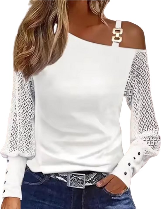 Zomer Dames Shirt Designer Off Shoulder Top Wit Kanten