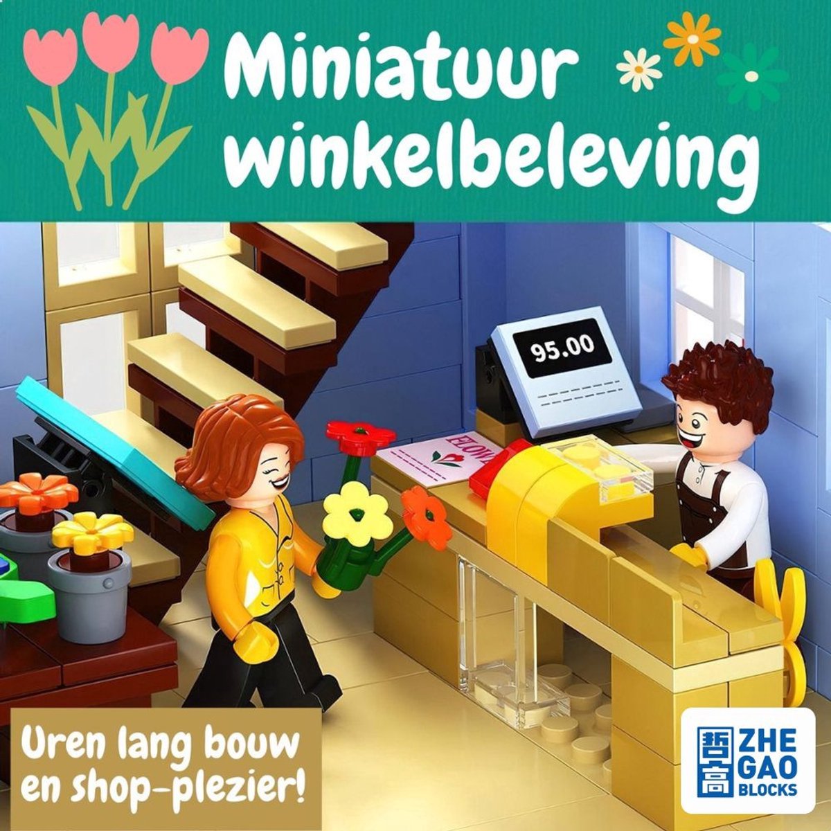 Zhe Gao DZ6120 Classic Bloemen winkel bouwset incl. 4 minifigures | City Achitecture Adventure Modelbouw | Educatief Creator speelgoed bouwpakketten voor kinderen & volwassenen | Niet compatibel met lego friends | Bouwdoos met 2091 bouwstenen — afbeelding 14