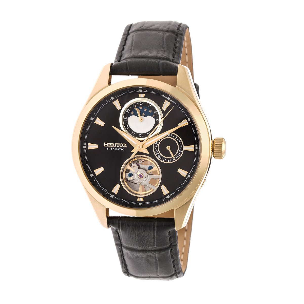 Heritor Automatic Sebastian Semi-Skeleton Horloge met Leren Band - Goud-Zwart