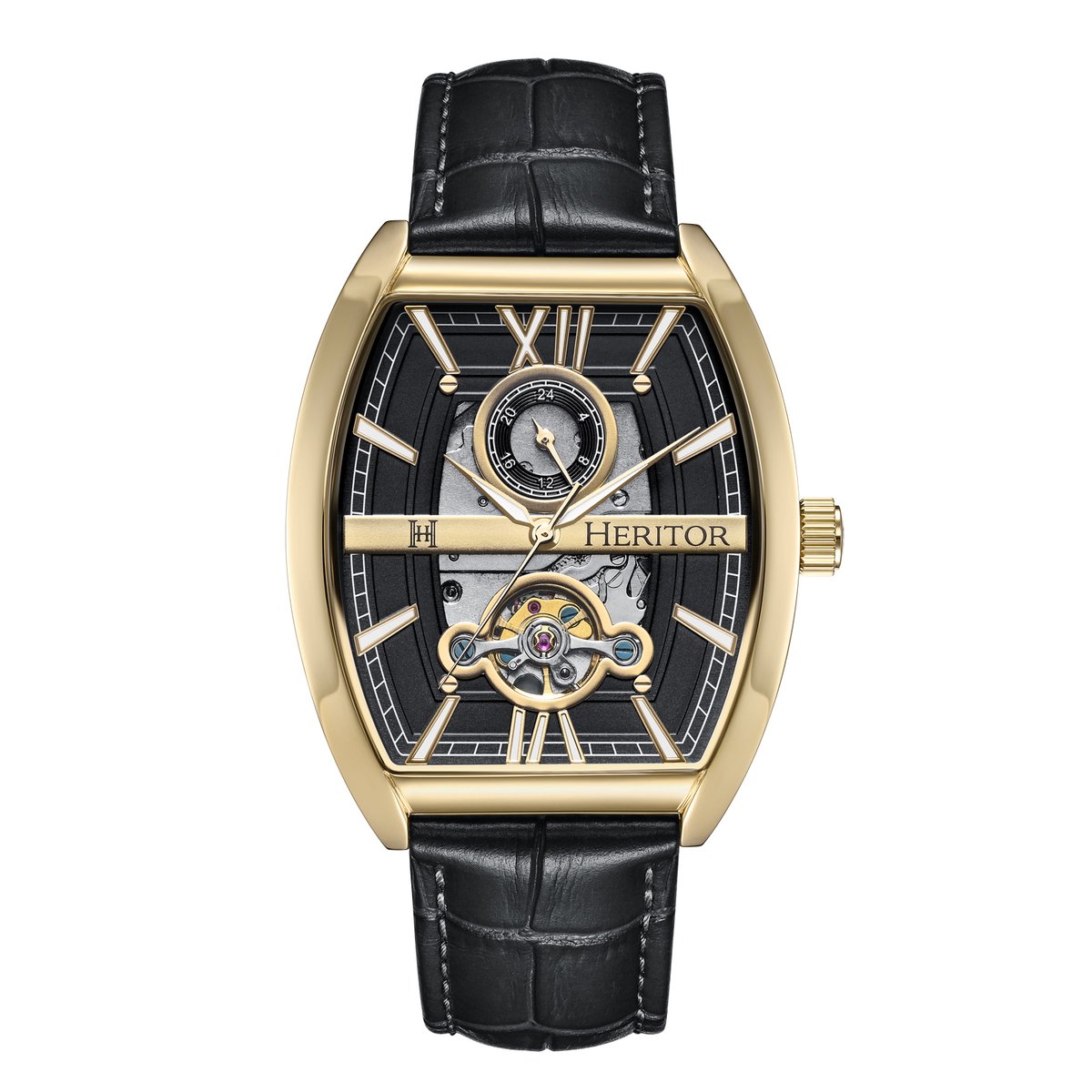 Heritor Automatic Masterson Semi-Skelet leren band horloge - Goud-Zwart