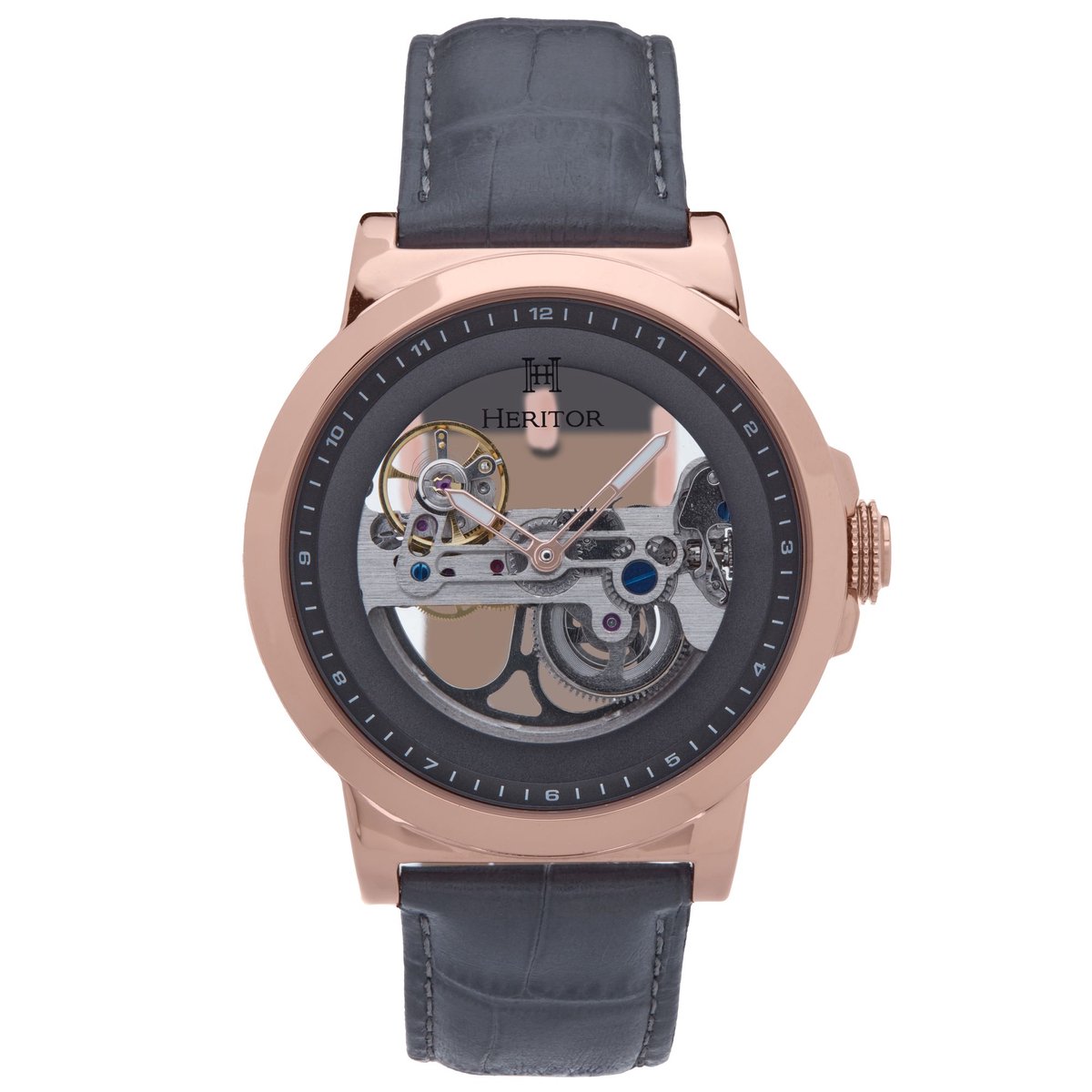 Heritor Automatic Xander Semi-Skelet Horloge met Leren Band - Roségoud-Grijs